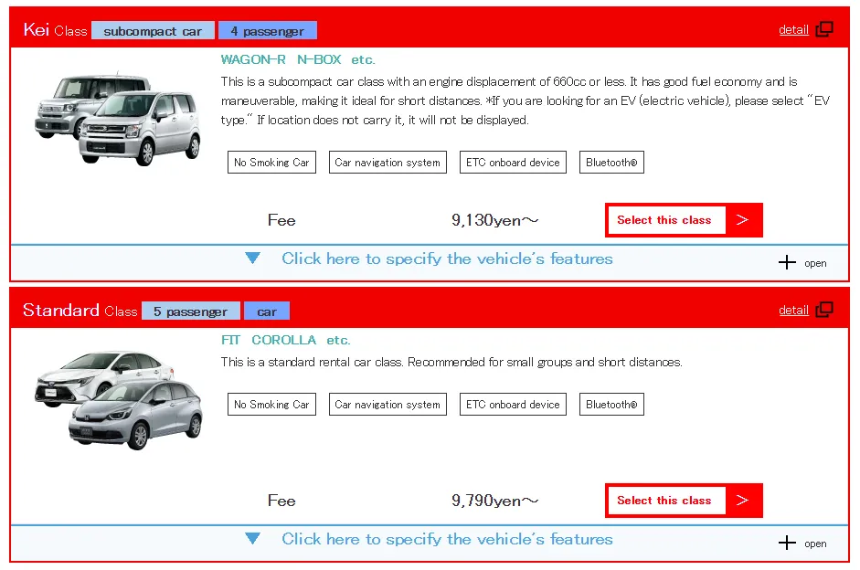 Select car type: The system will display available cars in different classes. Click to select the class suitable for the number of passengers and luggage