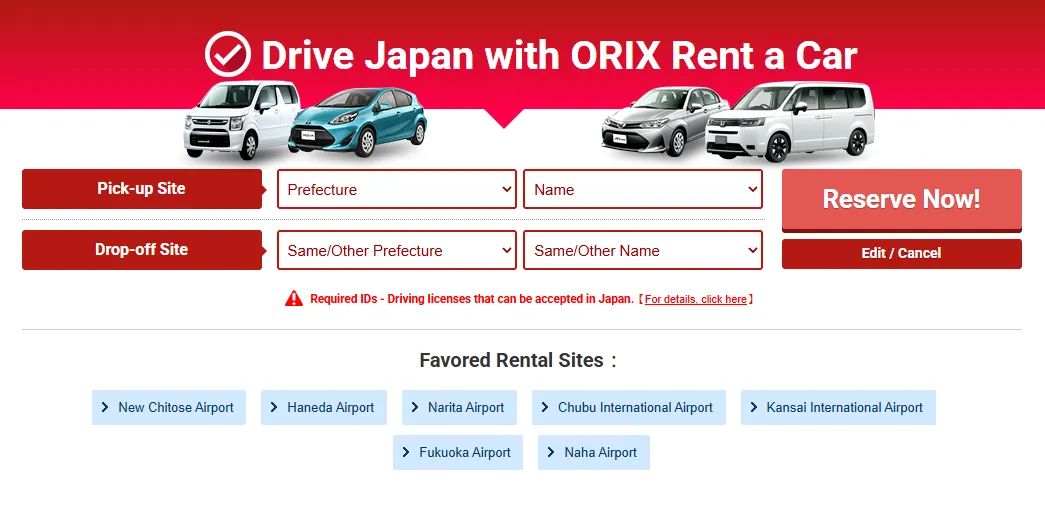 เลือกสาขารับและคืนรถ: เข้าเว็บไซต์ https://car.orix.co.jp/eng/ เลือกระบุสถานที่รับรถและสถานที่คืนรถว่าเป็นจุดเดียวกันหรือคนละสาขา