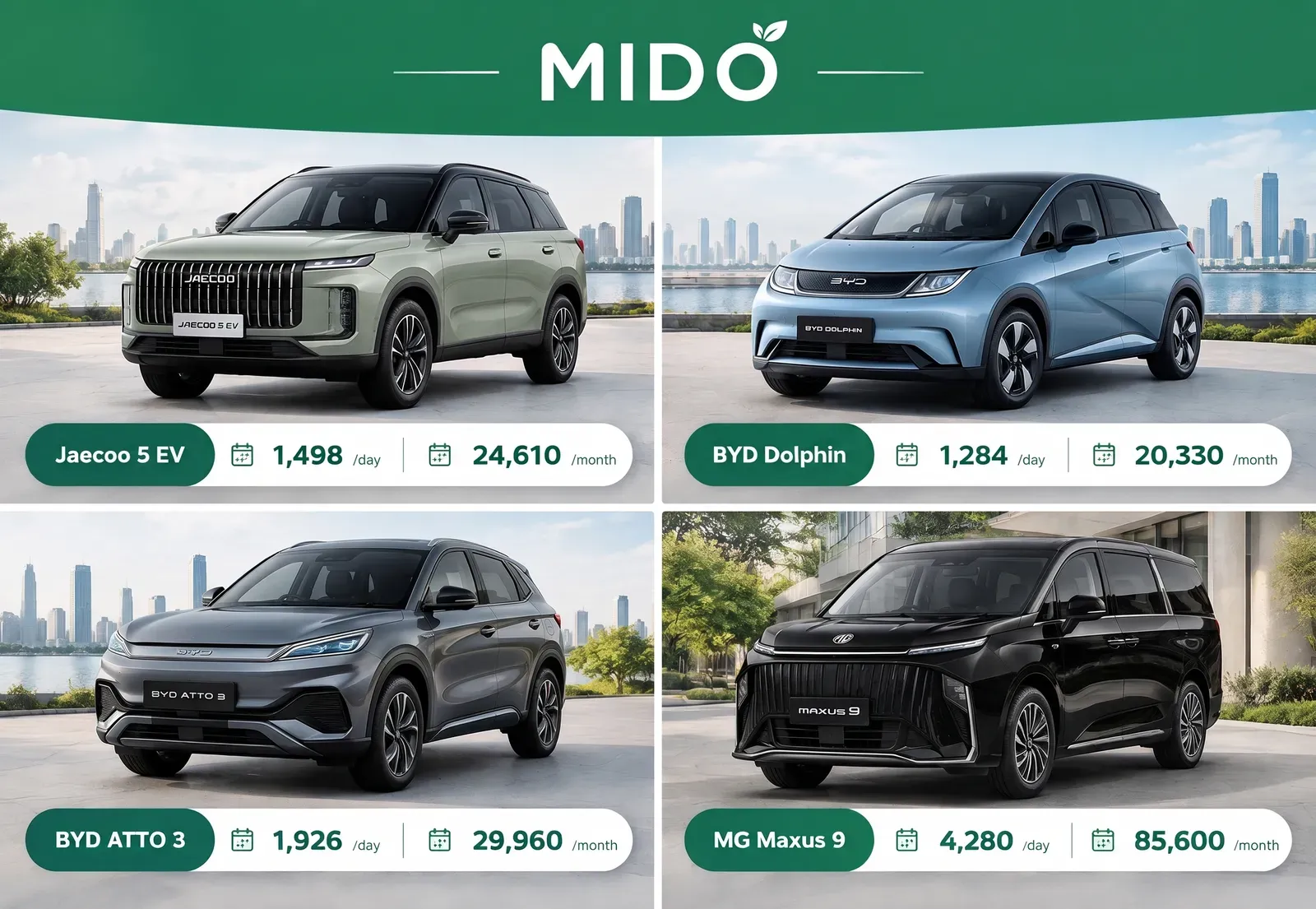 对于有兴趣尝试电动汽车的人来说,MIDO Car Rental的租车服务提供多种选择,适应不同的旅行方式,如下所述:
