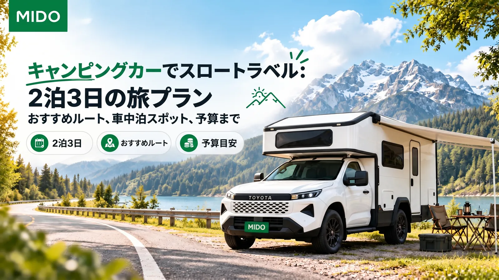 スロートラベルキャンピングカー:3泊2日のトリップ計画、ルート、停泊地、予算付き